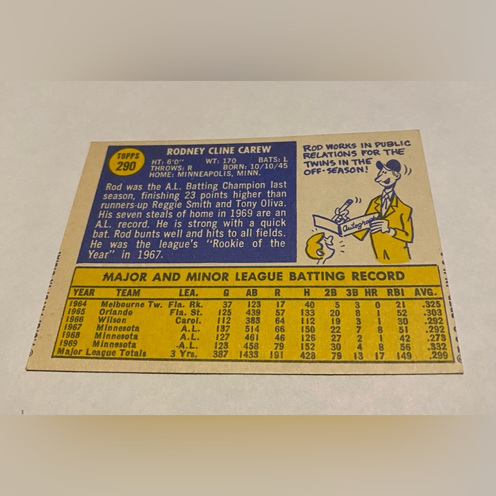 Rod Carew 1970 Topps Baseball Card # 290 Vintage Collectible Minnesota Twins - Picture 2 of 3